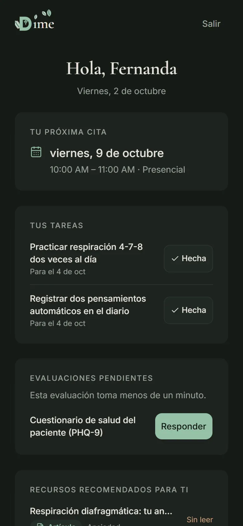 Portal del paciente de DIME en el celular: próxima cita, tareas y una evaluación pendiente.